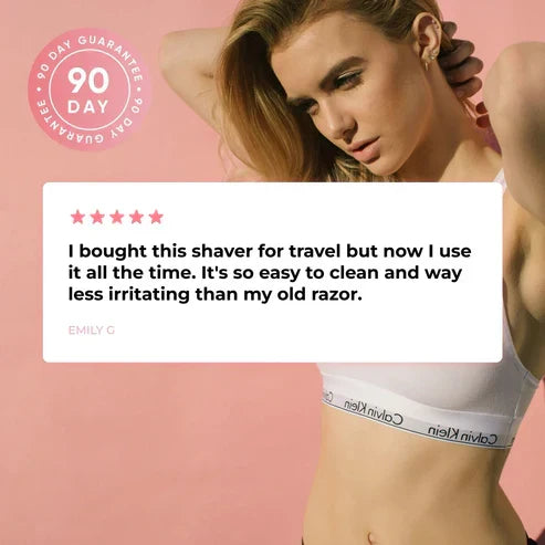 Woman with smooth skin next to a 5-star review for the SilkGlide Pro electric shaver for sensitive skin.
