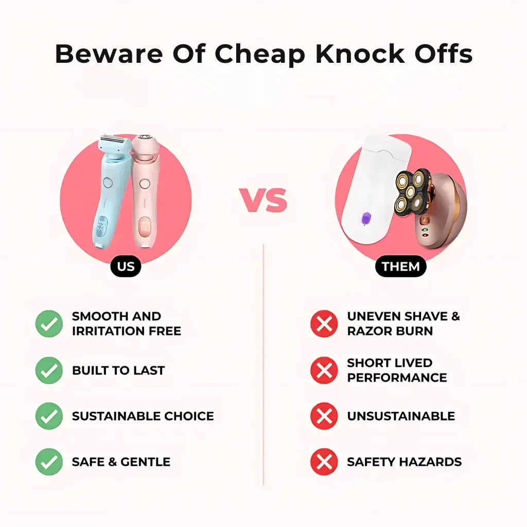 Comparison chart of SilkGlide Pro 2-in-1 electric shaver for women versus low-quality razors highlighting smooth skin.
