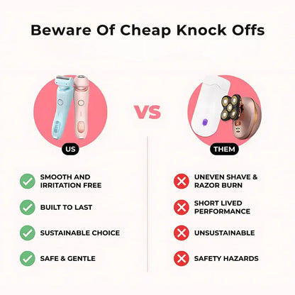 Comparison chart of SilkGlide Pro 2-in-1 electric shaver for women versus low-quality razors highlighting smooth skin.