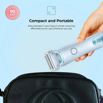 Hand holding a SilkGlide Pro portable electric shaver being placed into a small black bag for travel and touch-ups.