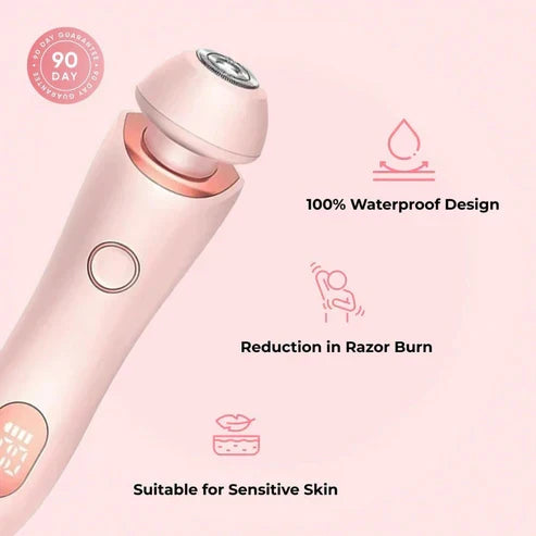 Pink SilkGlide Pro electric shaver for sensitive skin featuring 100% waterproof design and razor burn reduction.