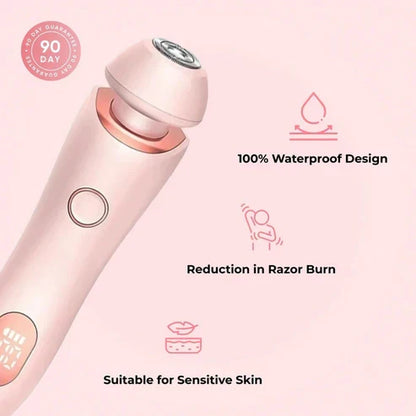 Pink SilkGlide Pro electric shaver for sensitive skin featuring 100% waterproof design and razor burn reduction.