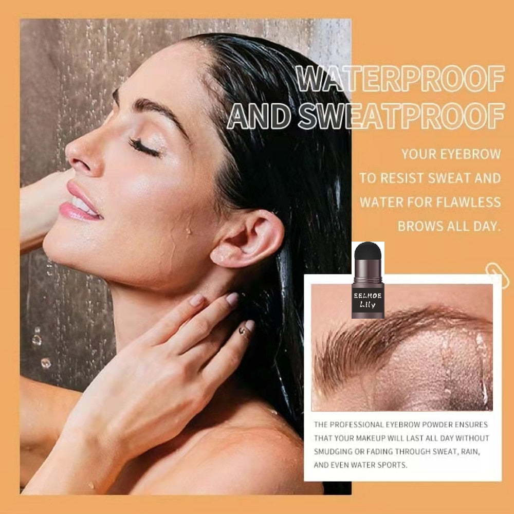 Waterproof PerfectBrow stencil kit demonstration showing sweat-resistant eyebrow powder on a woman in the shower.