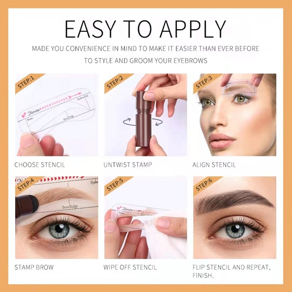 Six-step infographic for PerfectBrow Precision Stencil Kit showing how to choose, align, and stamp eyebrow makeup.