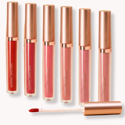 Luxe Glow 6-piece matte lip gloss kit featuring red and pink shades with rose gold caps and a velvet finish applicator.