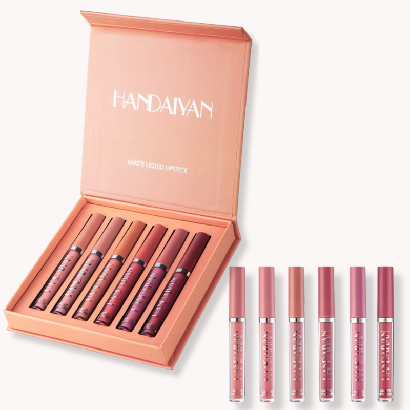 Handaiyan 6-piece matte liquid lipstick set in nude and pink tones, featuring waterproof formula in a peach gift box.