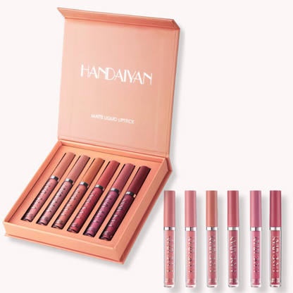 Handaiyan 6-piece matte liquid lipstick set in nude and pink tones, featuring waterproof formula in a peach gift box.